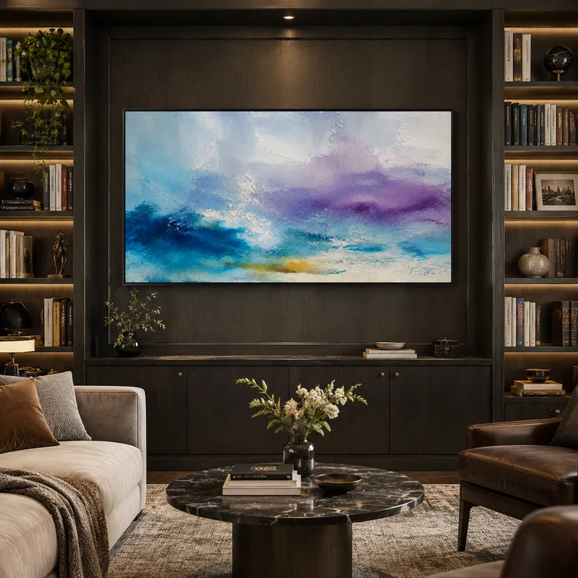 Abstract Expressionist abstract oil painting showing layered abstract marks, texture and expressive painterly movement in a blue palette.