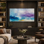 Abstract Expressionist abstract oil painting showing layered abstract marks, texture and expressive painterly movement in a blue palette.