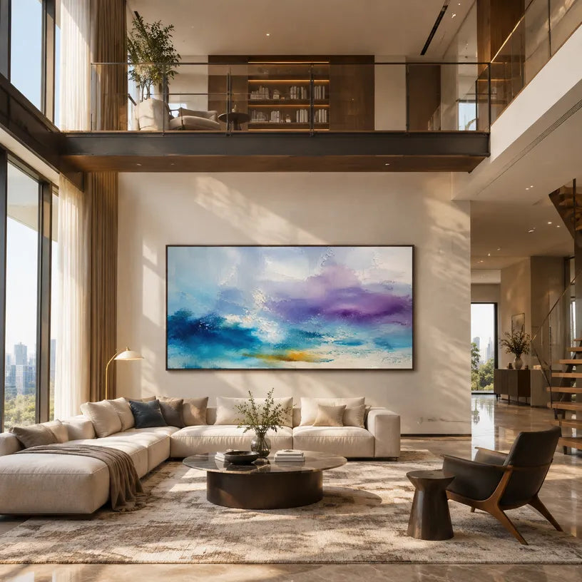 Abstract Expressionist abstract oil painting showing layered abstract marks, texture and expressive painterly movement in a blue palette.