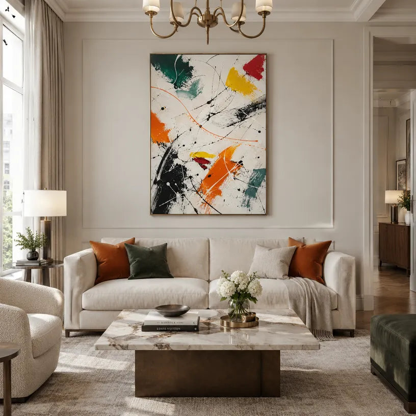 Abstract Expressionist abstract oil painting showing gestural lines, layered marks and expressive texture, contemporary wall art.
