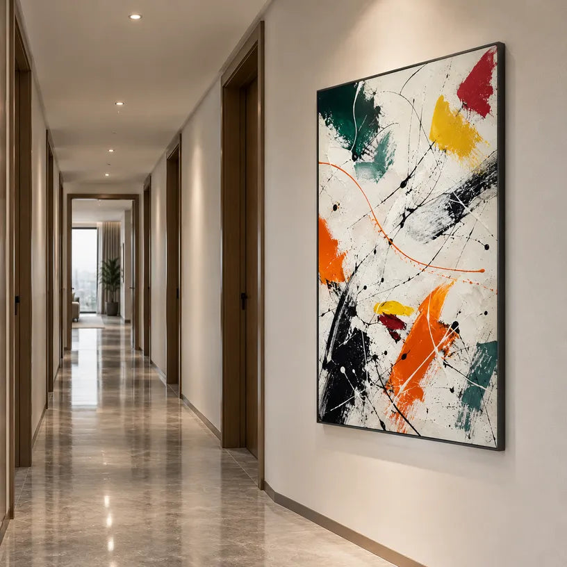 Abstract Expressionist abstract oil painting showing gestural lines, layered marks and expressive texture, contemporary wall art.