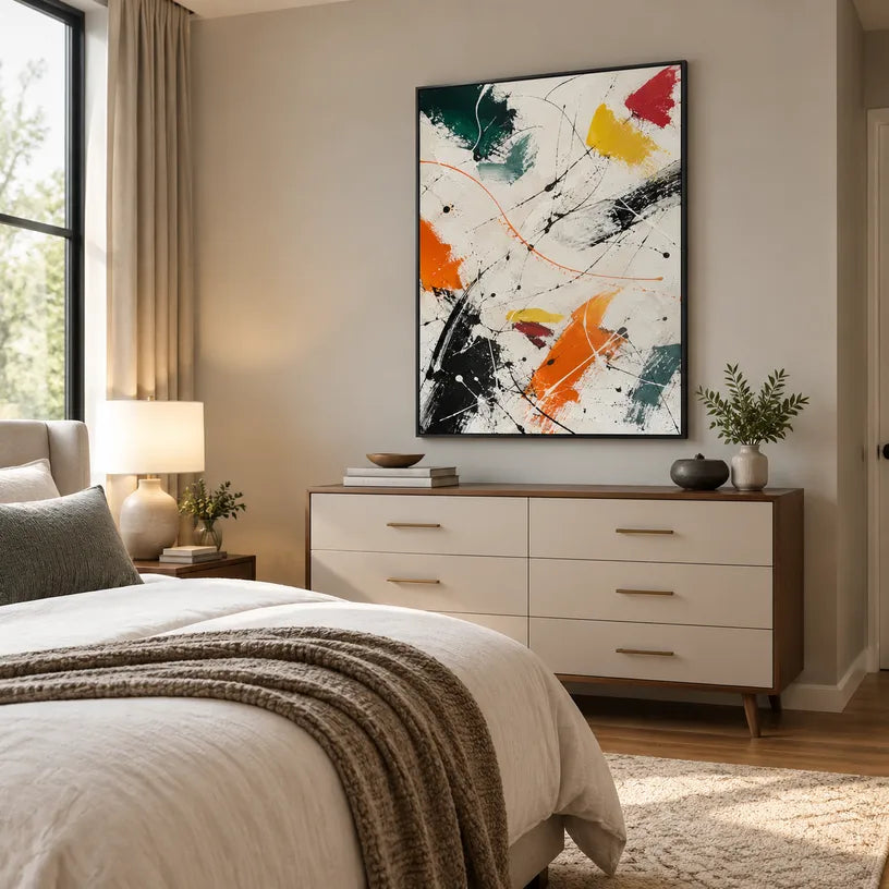 Abstract Expressionist abstract oil painting showing gestural lines, layered marks and expressive texture, contemporary wall art.