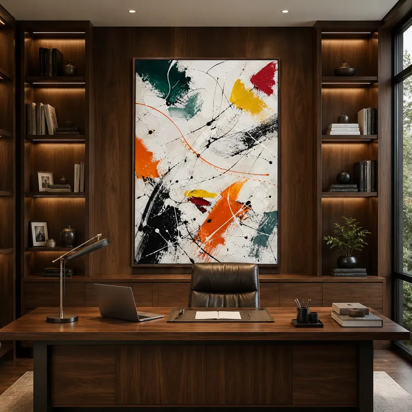 Abstract Expressionist abstract oil painting showing gestural lines, layered marks and expressive texture, contemporary wall art.