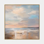 Abstract Expressionist landscapes & seascapes & cityscapes oil painting showing a soft blue horizon with pastel reflections in a blue palette, contemporary wall art.