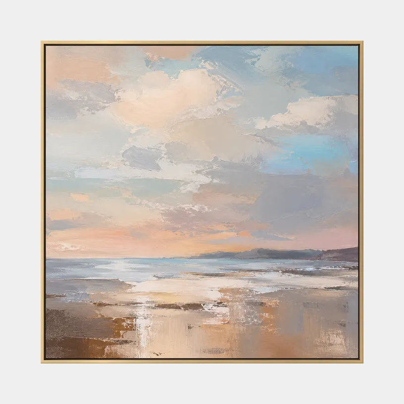 Abstract Expressionist landscapes & seascapes & cityscapes oil painting showing a soft blue horizon with pastel reflections in a blue palette, contemporary wall art.