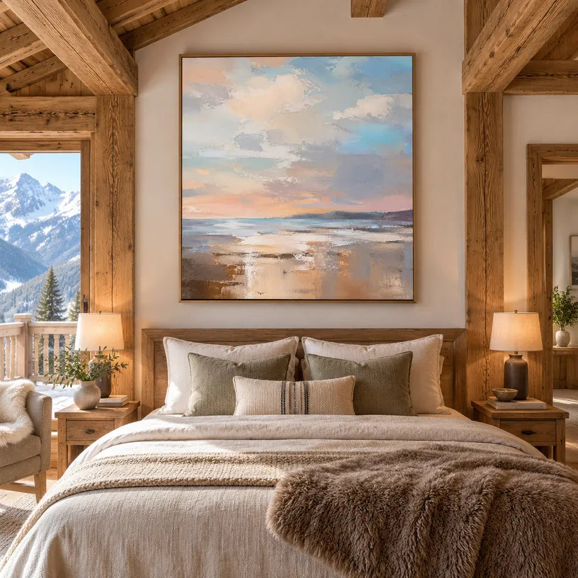 Abstract Expressionist landscapes & seascapes & cityscapes oil painting showing a soft blue horizon with pastel reflections in a blue palette, contemporary wall art.