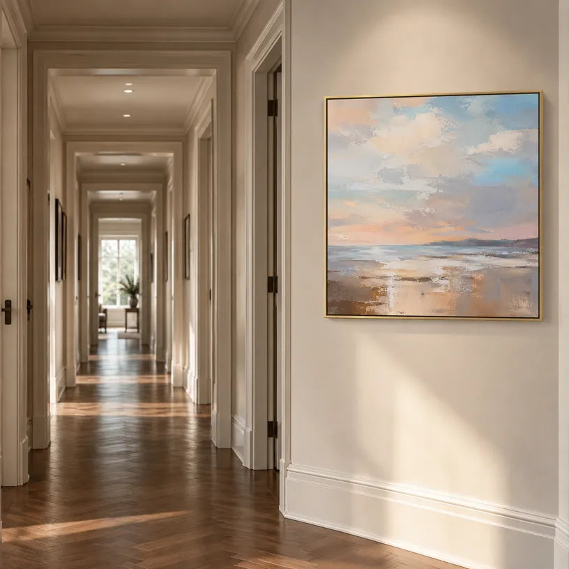 Abstract Expressionist landscapes & seascapes & cityscapes oil painting showing a soft blue horizon with pastel reflections in a blue palette, contemporary wall art.