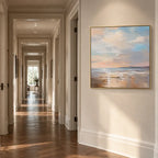 Abstract Expressionist landscapes & seascapes & cityscapes oil painting showing a soft blue horizon with pastel reflections in a blue palette, contemporary wall art.