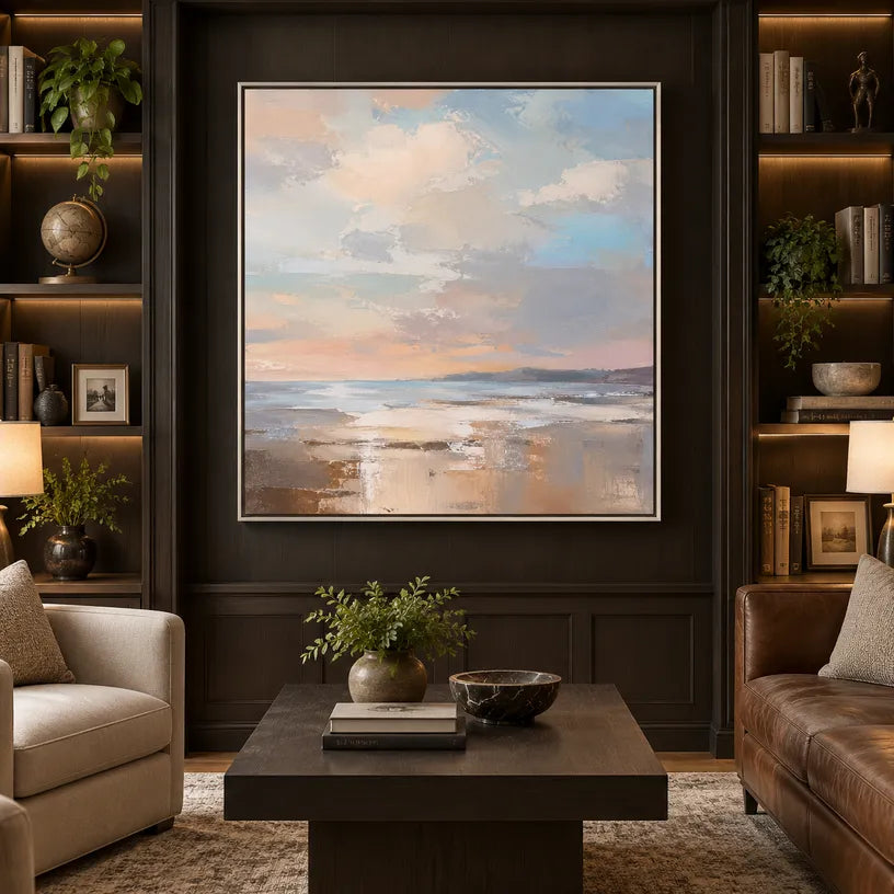 Abstract Expressionist landscapes & seascapes & cityscapes oil painting showing a soft blue horizon with pastel reflections in a blue palette, contemporary wall art.