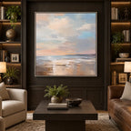 Abstract Expressionist landscapes & seascapes & cityscapes oil painting showing a soft blue horizon with pastel reflections in a blue palette, contemporary wall art.