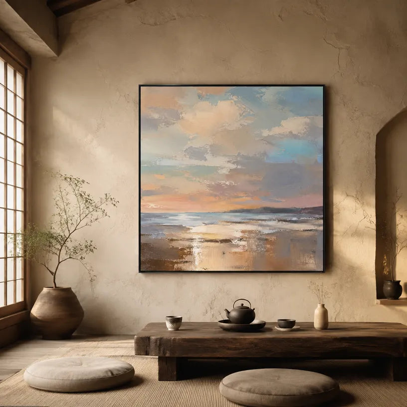 Abstract Expressionist landscapes & seascapes & cityscapes oil painting showing a soft blue horizon with pastel reflections in a blue palette, contemporary wall art.