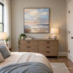 Abstract Expressionist landscapes & seascapes & cityscapes oil painting showing a soft blue horizon with pastel reflections in a blue palette, contemporary wall art.