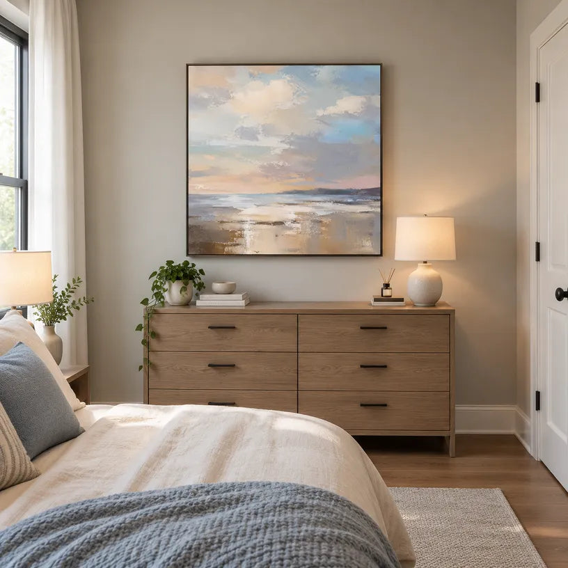 Abstract Expressionist landscapes & seascapes & cityscapes oil painting showing a soft blue horizon with pastel reflections in a blue palette, contemporary wall art.