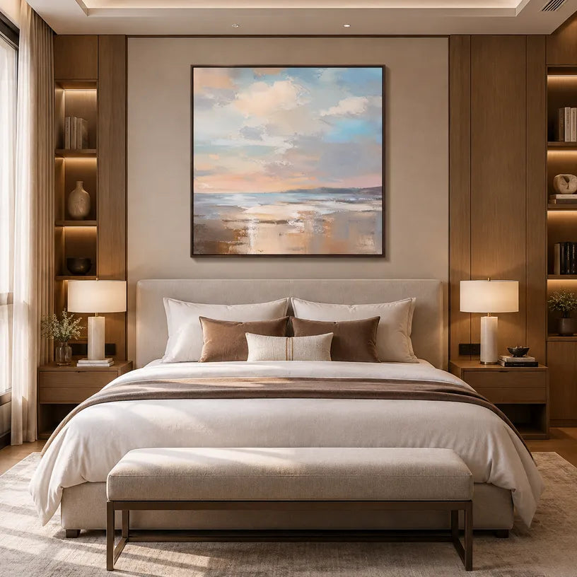 Abstract Expressionist landscapes & seascapes & cityscapes oil painting showing a soft blue horizon with pastel reflections in a blue palette, contemporary wall art.