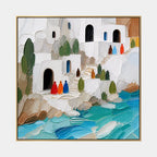 Abstract Expressionist landscapes & seascapes & cityscapes oil painting showing a stylized coastal village with turquoise water in a blue palette, contemporary wall art.