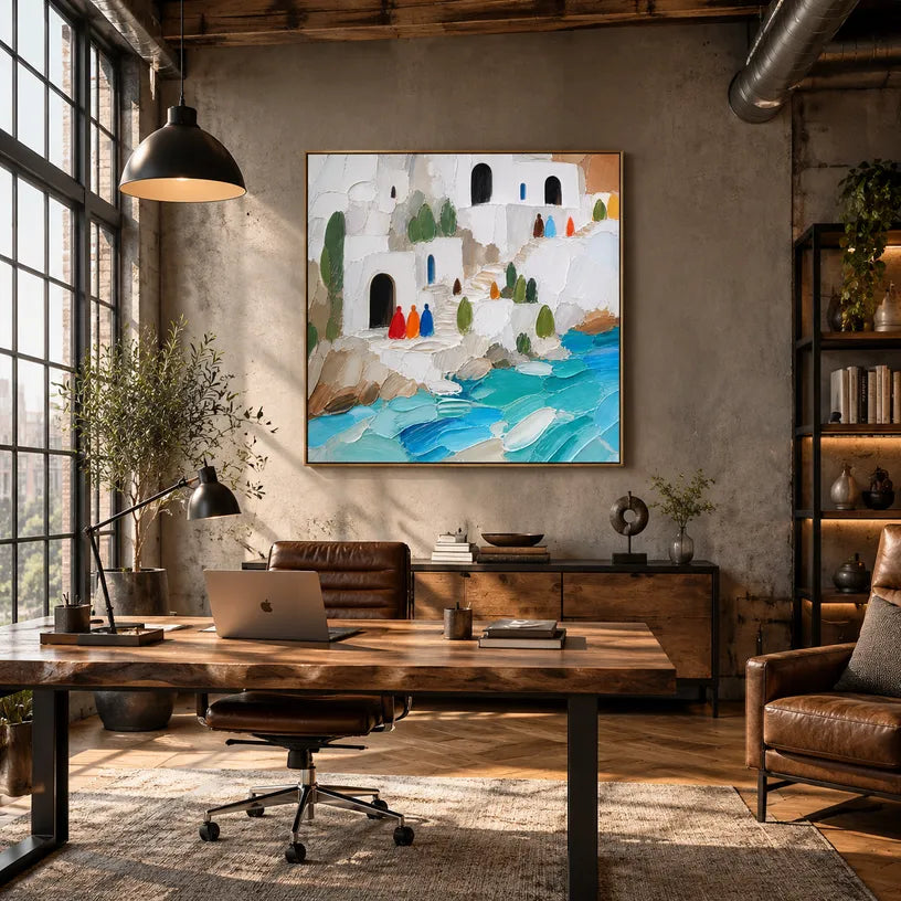 Abstract Expressionist landscapes & seascapes & cityscapes oil painting showing a stylized coastal village with turquoise water in a blue palette, contemporary wall art.