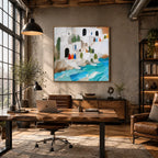 Abstract Expressionist landscapes & seascapes & cityscapes oil painting showing a stylized coastal village with turquoise water in a blue palette, contemporary wall art.