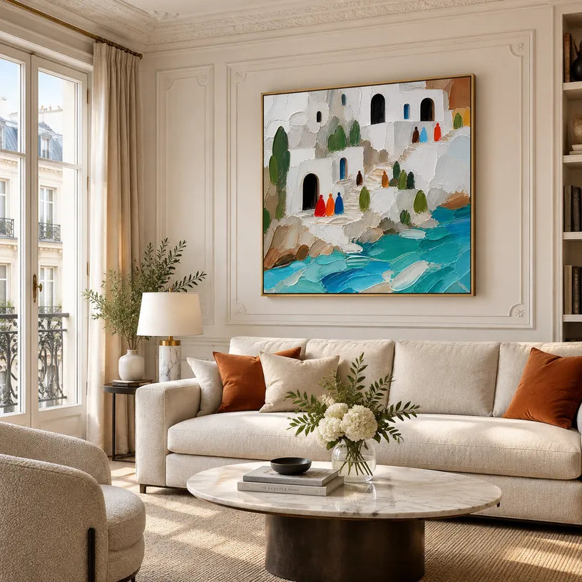 Abstract Expressionist landscapes & seascapes & cityscapes oil painting showing a stylized coastal village with turquoise water in a blue palette, contemporary wall art.