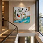 Abstract Expressionist landscapes & seascapes & cityscapes oil painting showing a stylized coastal village with turquoise water in a blue palette, contemporary wall art.