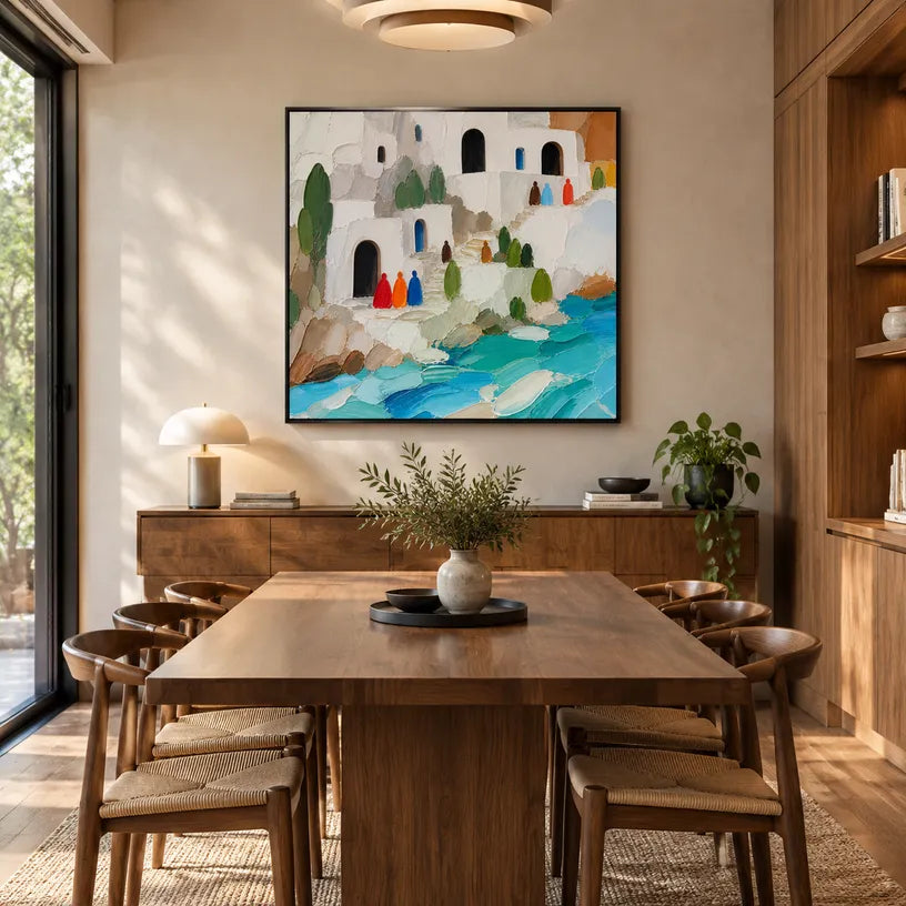 Abstract Expressionist landscapes & seascapes & cityscapes oil painting showing a stylized coastal village with turquoise water in a blue palette, contemporary wall art.