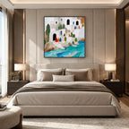 Abstract Expressionist landscapes & seascapes & cityscapes oil painting showing a stylized coastal village with turquoise water in a blue palette, contemporary wall art.