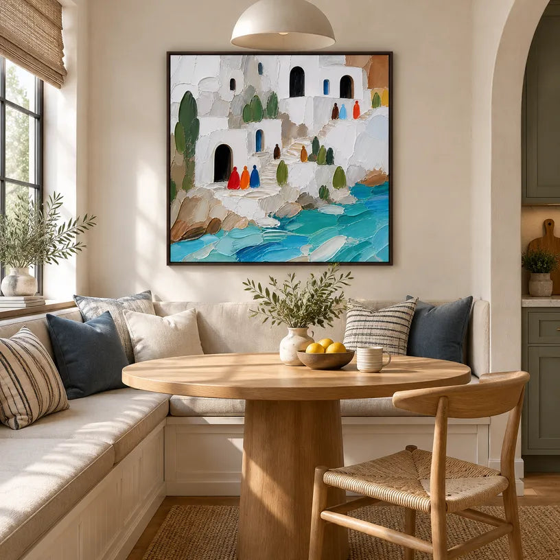 Abstract Expressionist landscapes & seascapes & cityscapes oil painting showing a stylized coastal village with turquoise water in a blue palette, contemporary wall art.