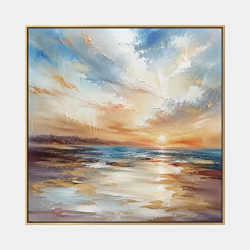 Abstract Expressionist landscapes & seascapes & cityscapes oil painting showing a layered seascape with open water, sky and painterly movement.