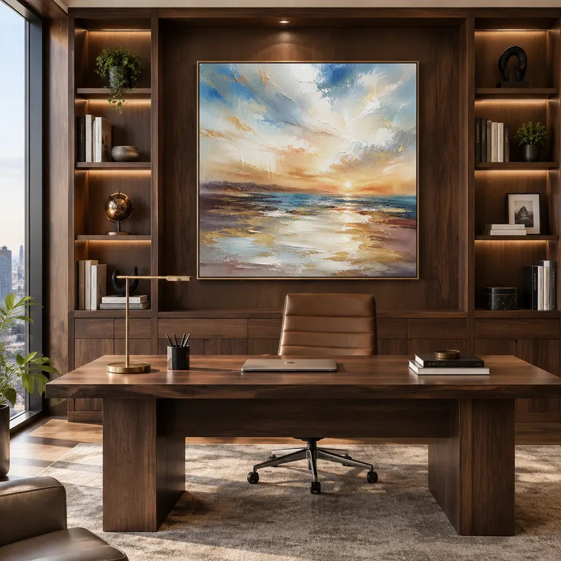 Abstract Expressionist landscapes & seascapes & cityscapes oil painting showing a layered seascape with open water, sky and painterly movement.
