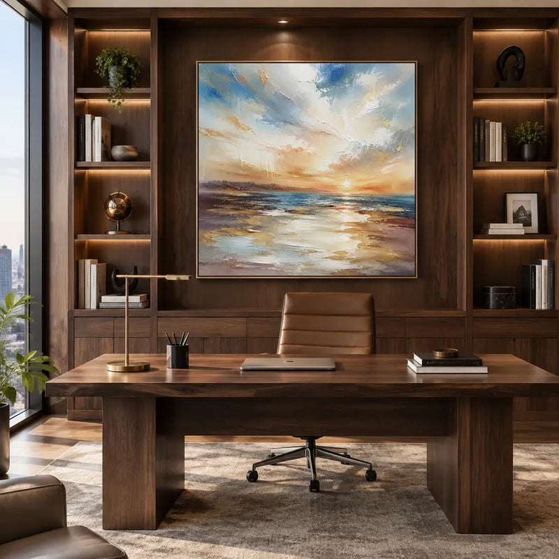 Pittura a olio di paesaggi, paesaggi marini e paesaggi urbani dell'Espressionismo astratto con un paesaggio atmosferico, un paesaggio marino o una composizione ispirata alla città.
