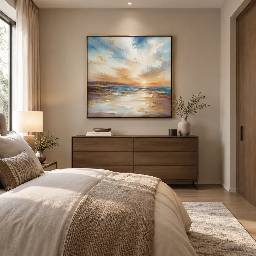 Abstract Expressionist landscapes & seascapes & cityscapes oil painting showing a layered seascape with open water, sky and painterly movement.