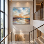 Abstract Expressionist landscapes & seascapes & cityscapes oil painting showing a layered seascape with open water, sky and painterly movement.