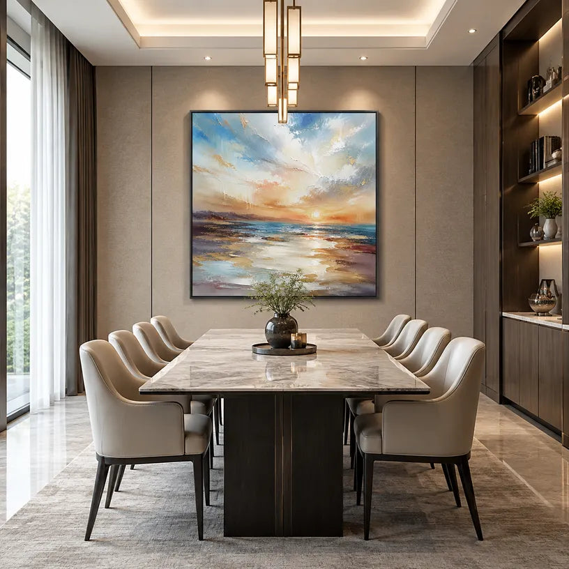 Abstract Expressionist landscapes & seascapes & cityscapes oil painting showing a layered seascape with open water, sky and painterly movement.