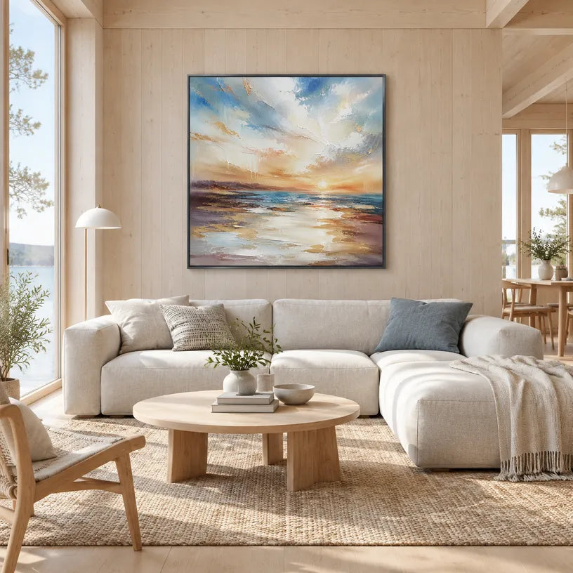Abstract Expressionist landscapes & seascapes & cityscapes oil painting showing a layered seascape with open water, sky and painterly movement.