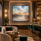 Abstract Expressionist landscapes & seascapes & cityscapes oil painting showing a layered seascape with open water, sky and painterly movement.