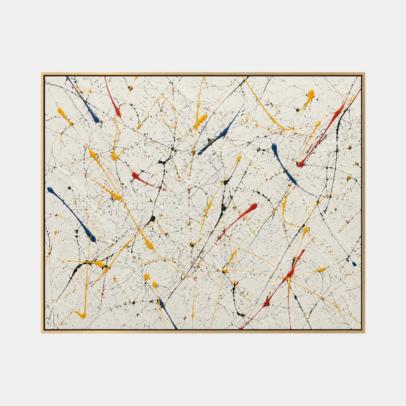 Abstract Expressionist abstract oil painting showing multicolored linear marks across a pale ground, contemporary wall art.