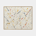 Abstract Expressionist abstract oil painting showing multicolored linear marks across a pale ground, contemporary wall art.