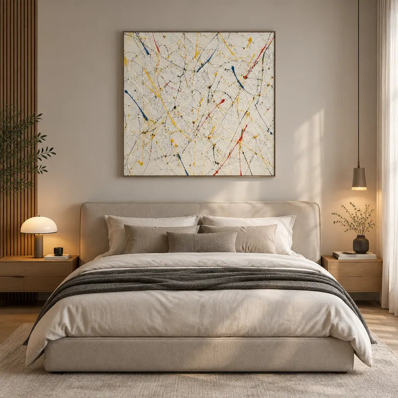 Abstract Expressionist abstract oil painting showing multicolored linear marks across a pale ground, contemporary wall art.
