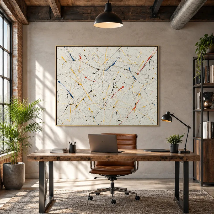 Abstract Expressionist abstract oil painting showing multicolored linear marks across a pale ground, contemporary wall art.