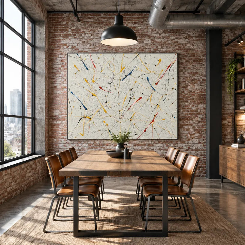 Abstract Expressionist abstract oil painting showing multicolored linear marks across a pale ground, contemporary wall art.
