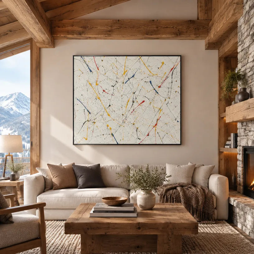 Abstract Expressionist abstract oil painting showing multicolored linear marks across a pale ground, contemporary wall art.