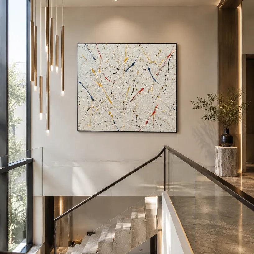 Abstract Expressionist abstract oil painting showing multicolored linear marks across a pale ground, contemporary wall art.