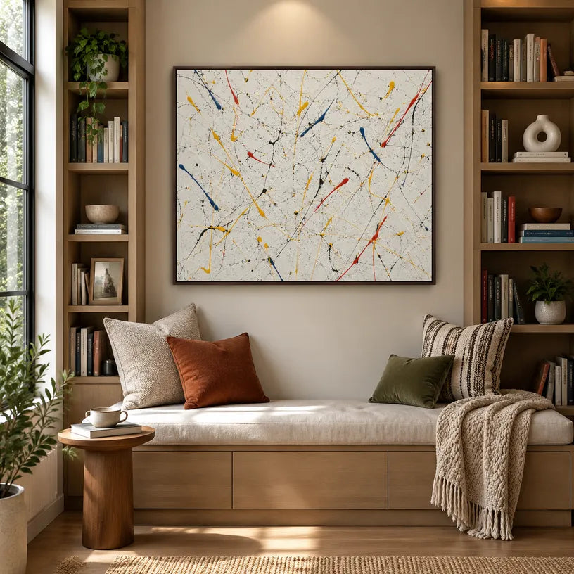 Abstract Expressionist abstract oil painting showing multicolored linear marks across a pale ground, contemporary wall art.