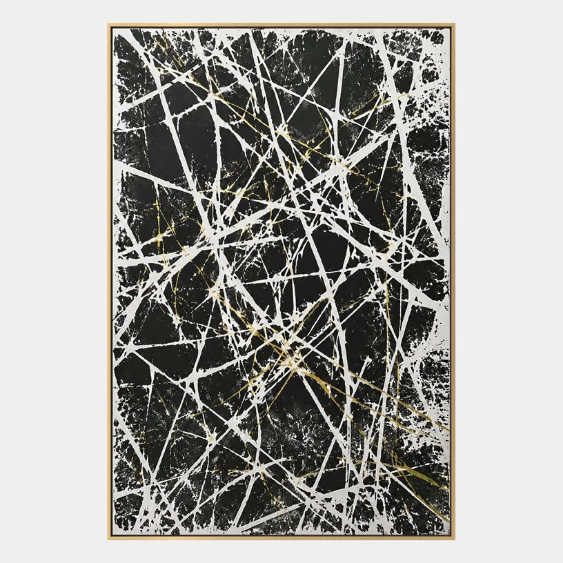 Abstract Expressionist abstract oil painting showing dense white lines over a dark textured ground in a black and white palette, contemporary wall art.