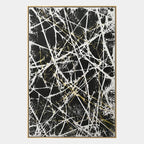 Abstract Expressionist abstract oil painting showing dense white lines over a dark textured ground in a black and white palette, contemporary wall art.