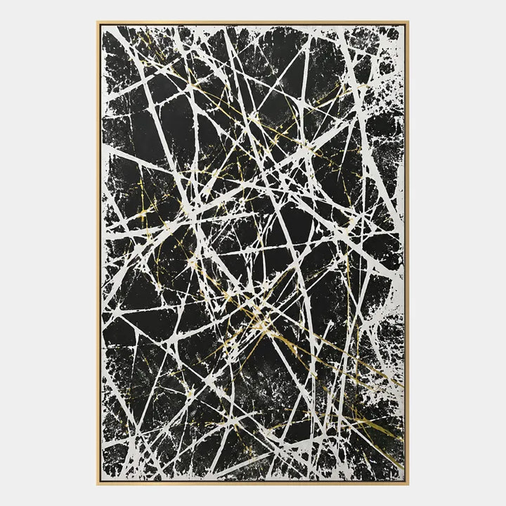 Peinture à l'huile abstraite et conceptuelle d'expressionnisme abstrait présentant des marques abstraites superposées, une texture et un mouvement pictural expressif dans une palette noir et blanc.