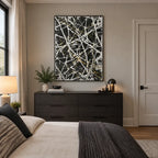Abstract Expressionist abstract oil painting showing dense white lines over a dark textured ground in a black and white palette, contemporary wall art.
