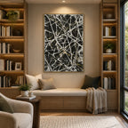 Abstract Expressionist abstract oil painting showing dense white lines over a dark textured ground in a black and white palette, contemporary wall art.