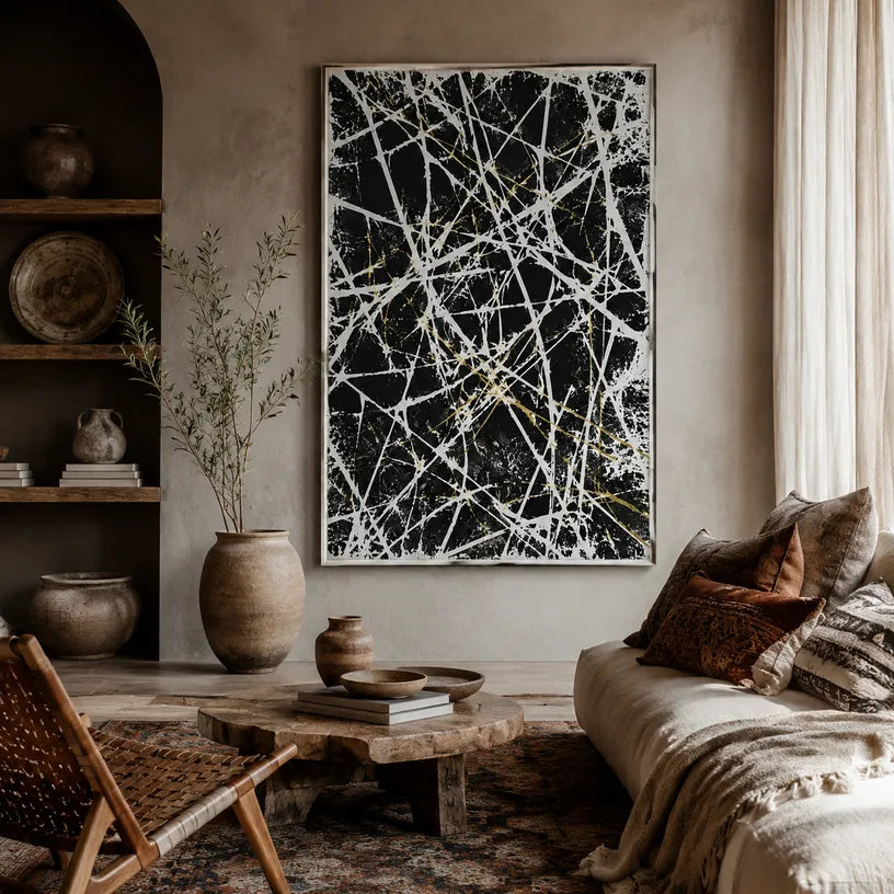 Abstract Expressionist abstract oil painting showing dense white lines over a dark textured ground in a black and white palette, contemporary wall art.