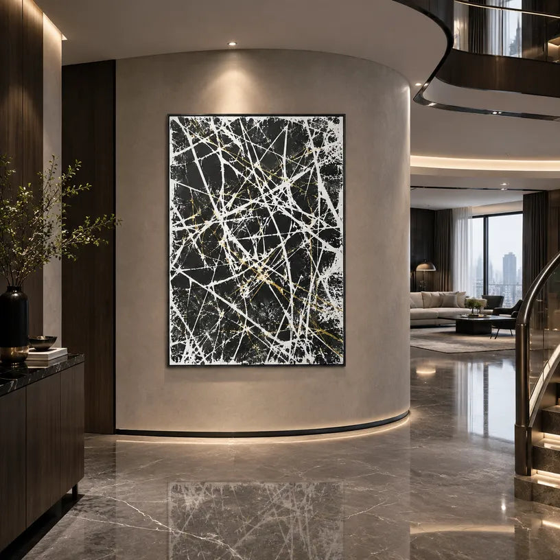 Abstract Expressionist abstract oil painting showing dense white lines over a dark textured ground in a black and white palette, contemporary wall art.