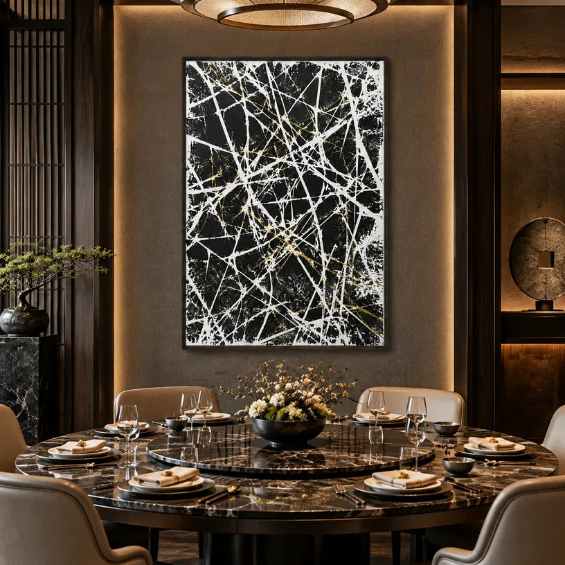 Abstract Expressionist abstract oil painting showing dense white lines over a dark textured ground in a black and white palette, contemporary wall art.